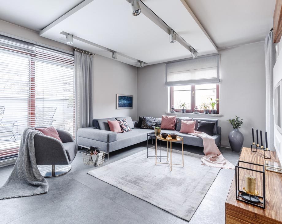Grey Furniture In Living Room — Door & Window Furnishings in Lismore