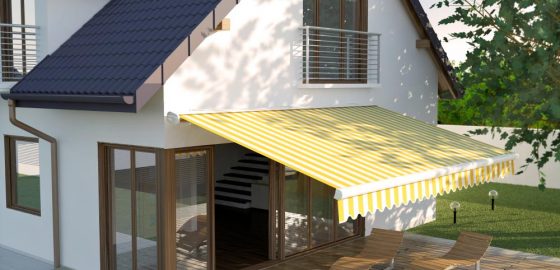 Yellow And White Stripped Awning — Door & Window Furnishings in the Northern Rivers